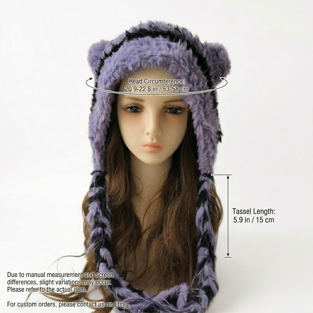 Handmade Purple Striped Cat Ear Hat - Chunky Knit Jellyfish Beanie with Long Braided Tassels - Kawaii Aesthetic Plush Winter Accessory