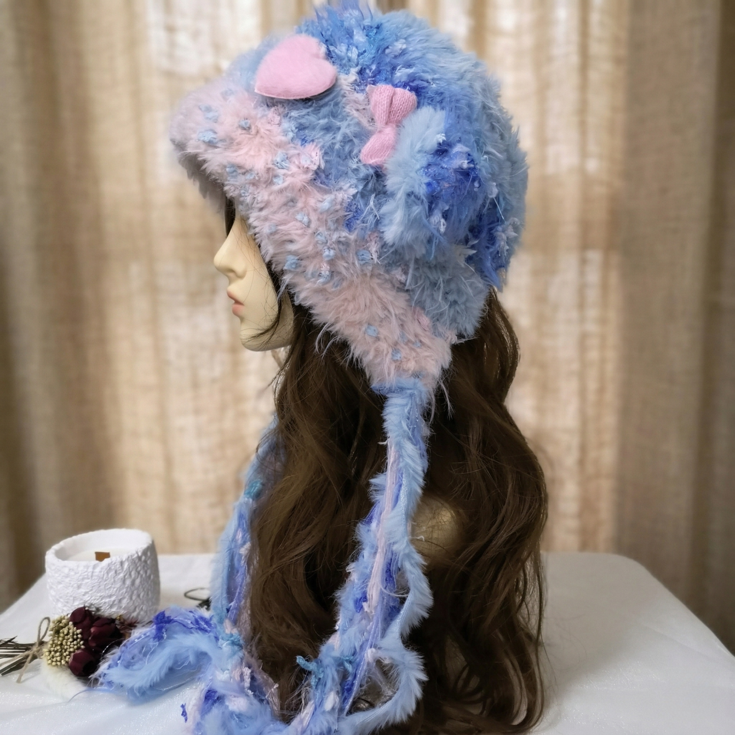 Handmade Lamb Ear Hat - Blue and Pink Fuzzy Jellyfish Beanie - Whimsical Aesthetic Plush Winter Trapper Hat with Long Straps