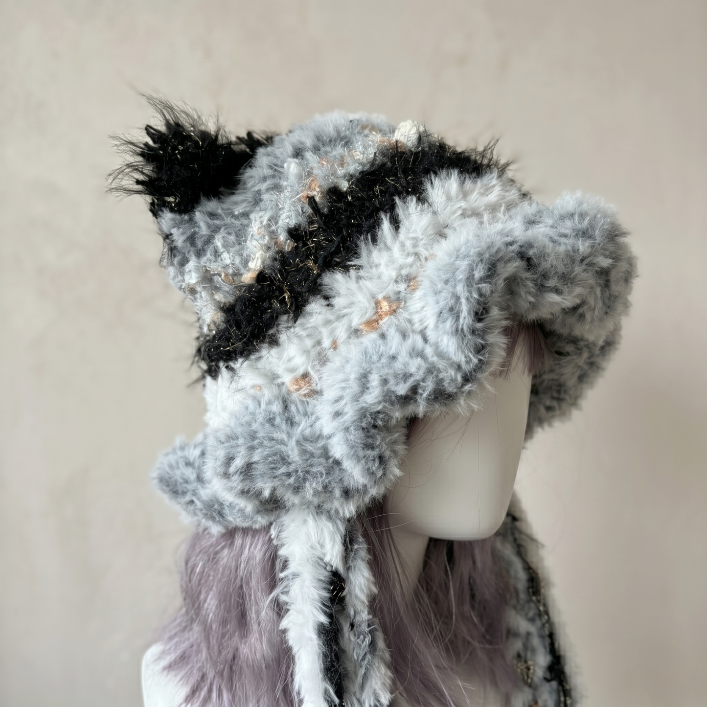Handmade Black and White Cat Ear Hat - Shaggy Faux Fur Jellyfish Beanie with Long Tassels - Cyber Y2K Aesthetic Plush Winter Accessory