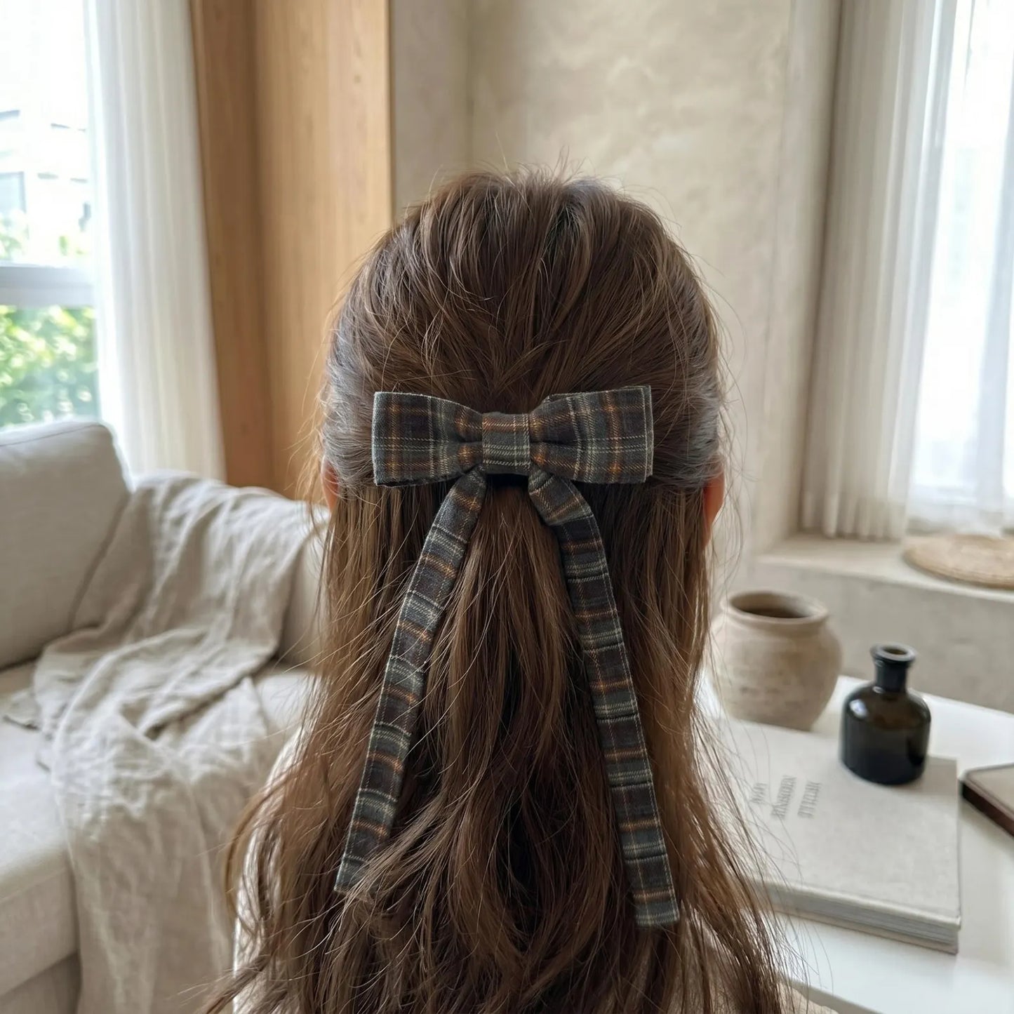 British Autumn Plaid Ribbon Bow Hairclip for Women | Retro Elegant Bowknot Barrette for Half-Up Styles | Preppy Aesthetic Hair Accessories
