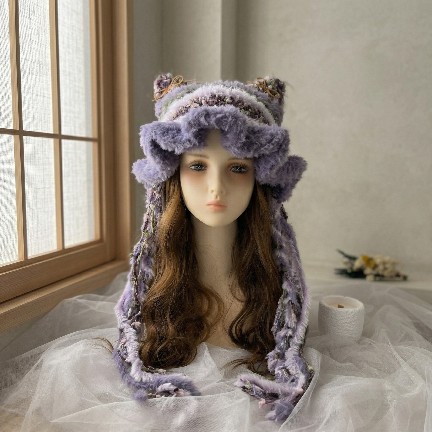 Handmade Knit Cat Ear Jellyfish Hat, Chunky Crochet Beanie with Animal Ears and Long Tassels, Balletcore Aesthetic Fluffy Winter Hat