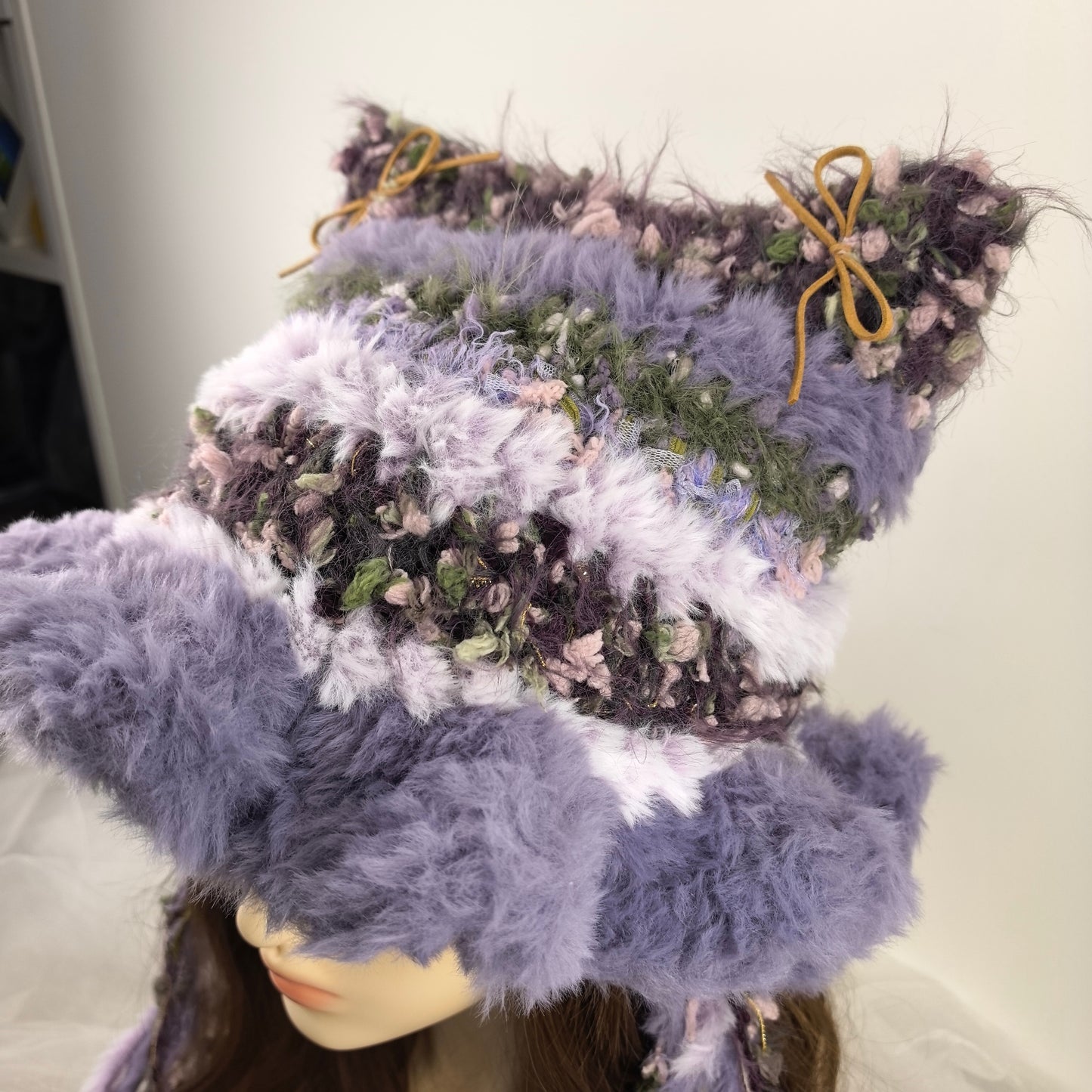 Handmade Knit Cat Ear Jellyfish Hat, Chunky Crochet Beanie with Animal Ears and Long Tassels, Balletcore Aesthetic Fluffy Winter Hat