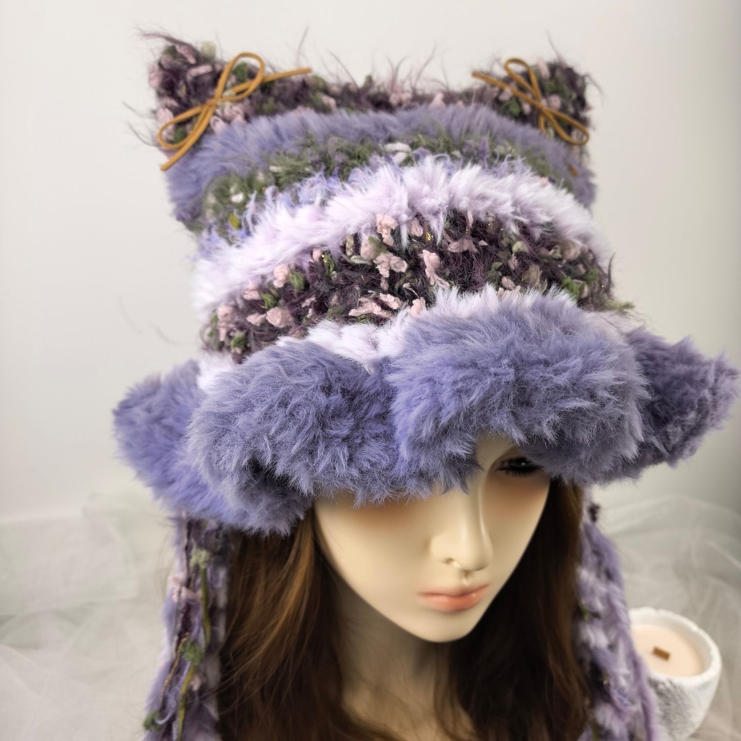 Handmade Knit Cat Ear Jellyfish Hat, Chunky Crochet Beanie with Animal Ears and Long Tassels, Balletcore Aesthetic Fluffy Winter Hat