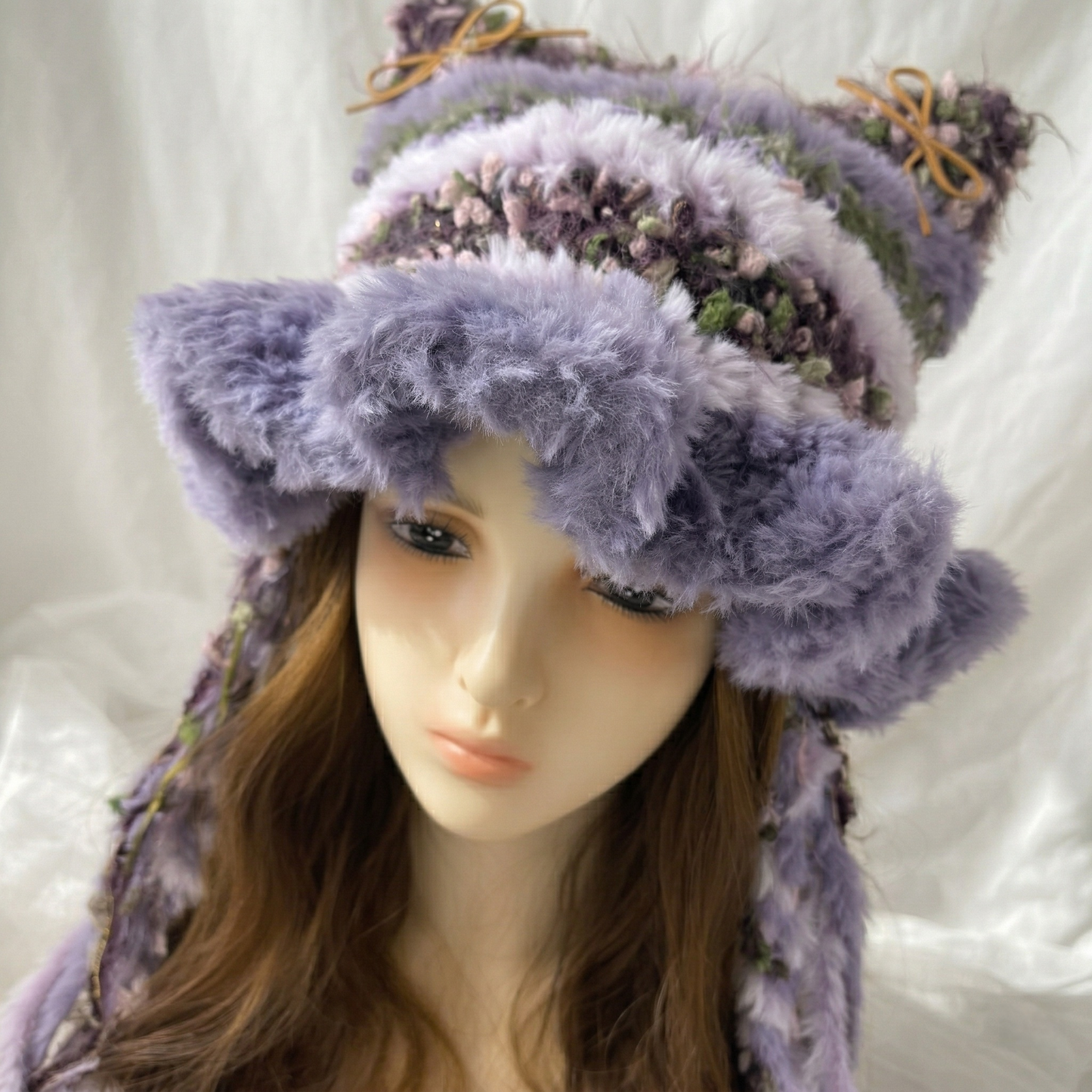 Handmade Knit Cat Ear Jellyfish Hat, Chunky Crochet Beanie with Animal Ears and Long Tassels, Balletcore Aesthetic Fluffy Winter Hat