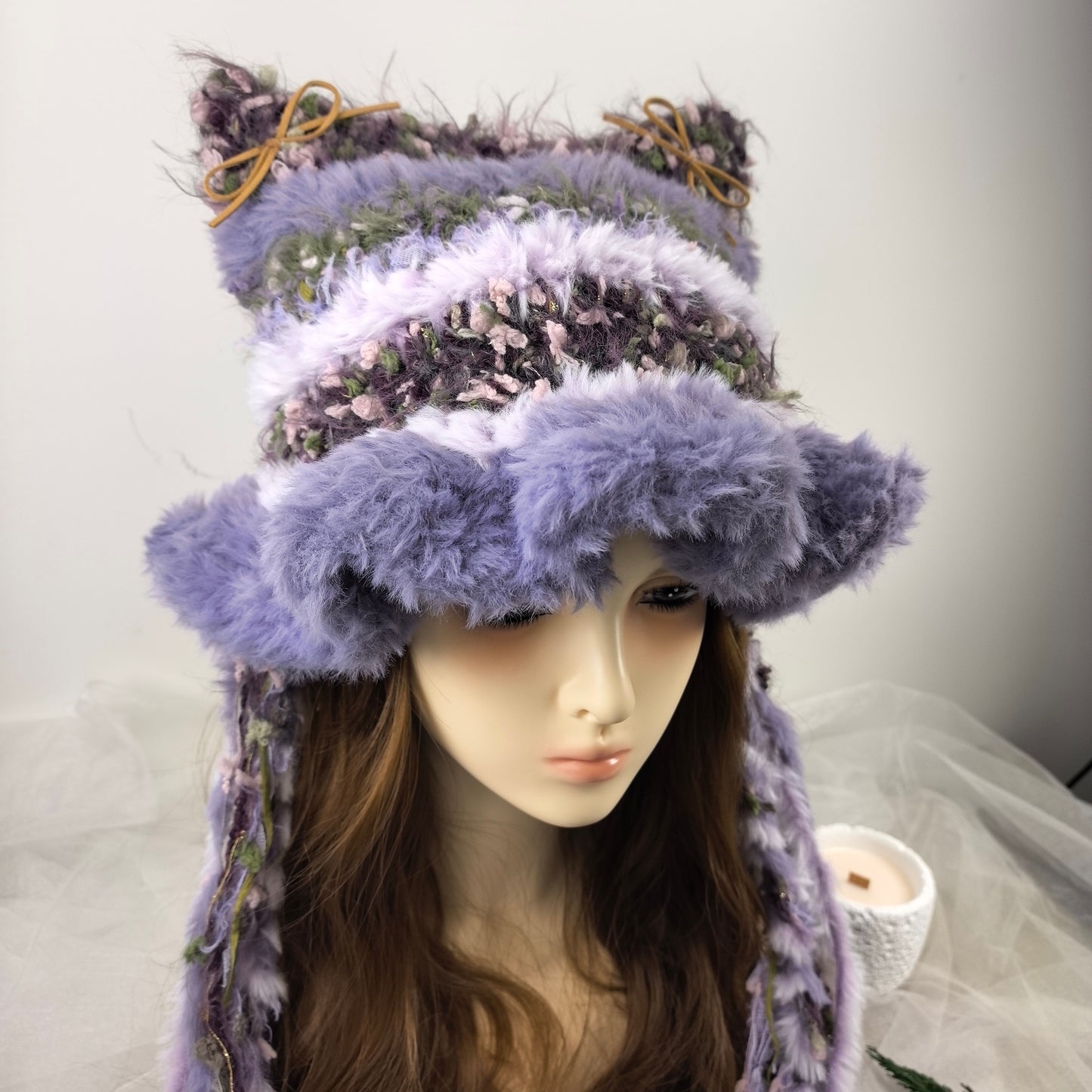 Handmade Knit Cat Ear Jellyfish Hat, Chunky Crochet Beanie with Animal Ears and Long Tassels, Balletcore Aesthetic Fluffy Winter Hat