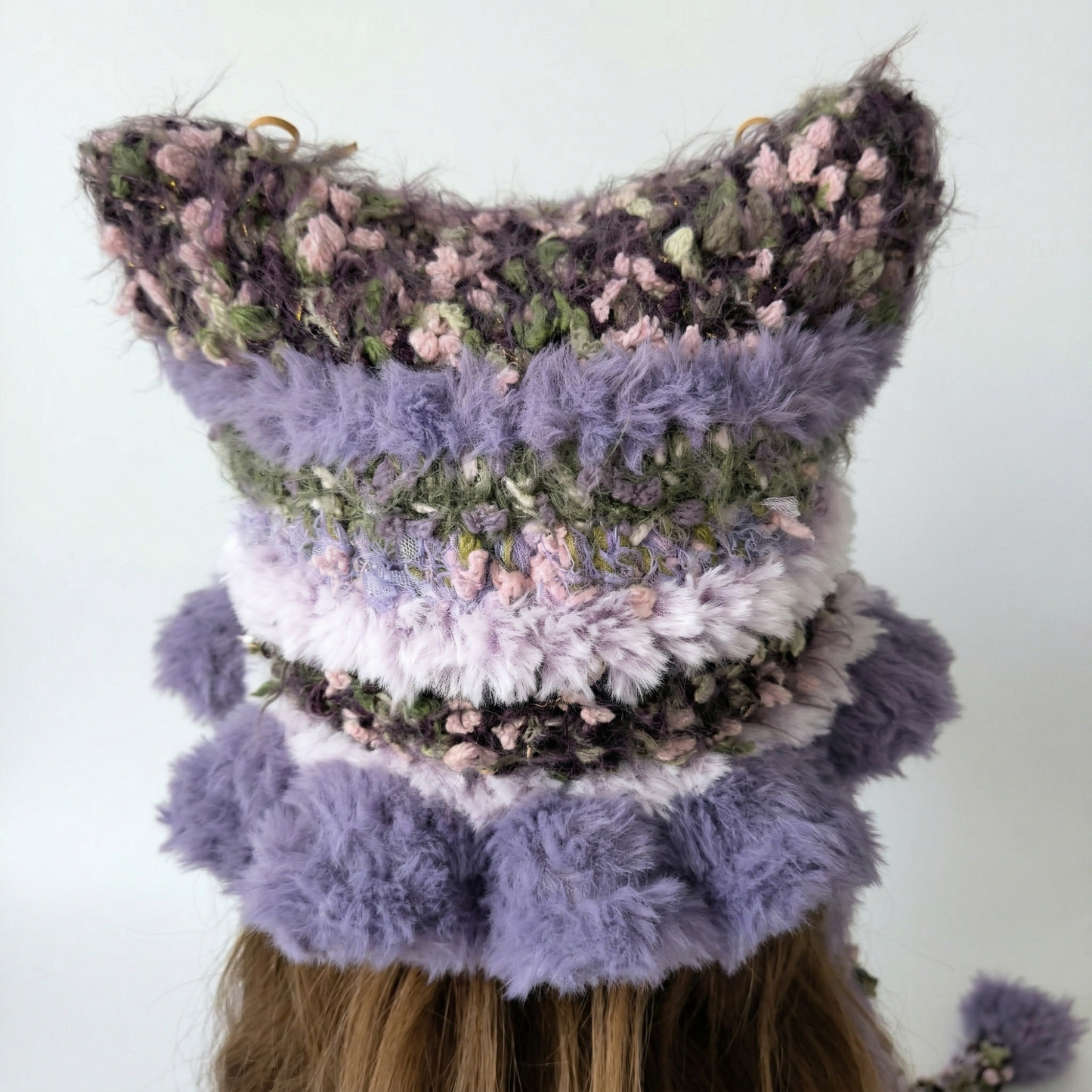 Handmade Knit Cat Ear Jellyfish Hat, Chunky Crochet Beanie with Animal Ears and Long Tassels, Balletcore Aesthetic Fluffy Winter Hat