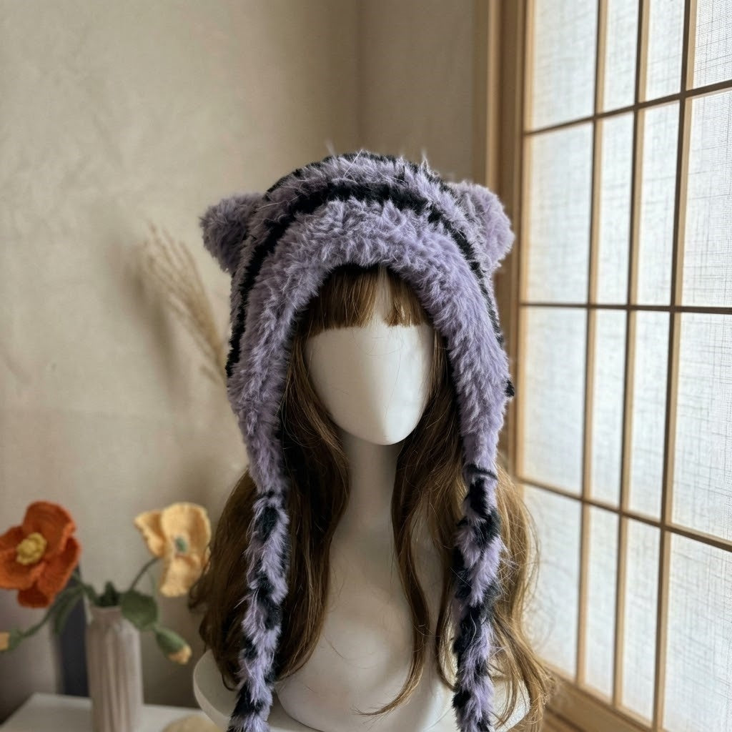 Handmade Purple Striped Cat Ear Hat - Chunky Knit Jellyfish Beanie with Long Braided Tassels - Kawaii Aesthetic Plush Winter Accessory