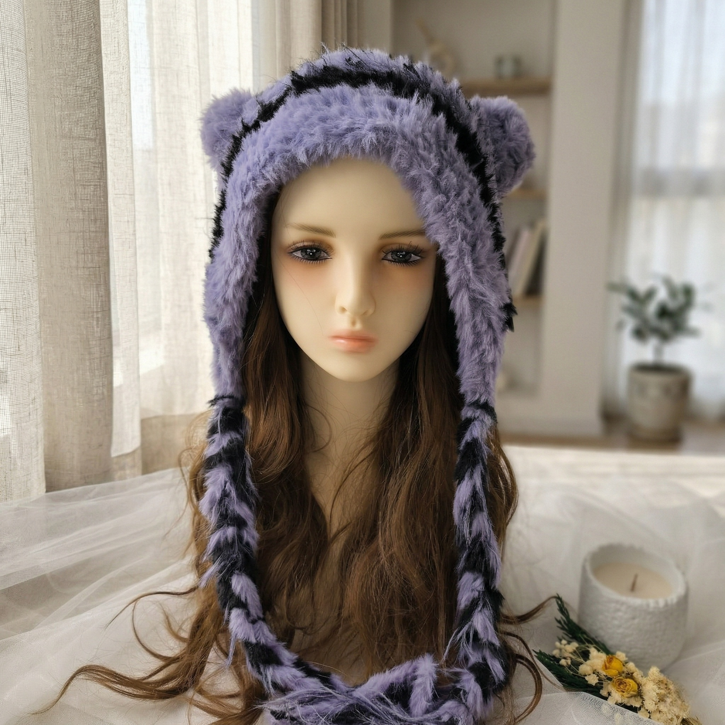 Handmade Purple Striped Cat Ear Hat - Chunky Knit Jellyfish Beanie with Long Braided Tassels - Kawaii Aesthetic Plush Winter Accessory