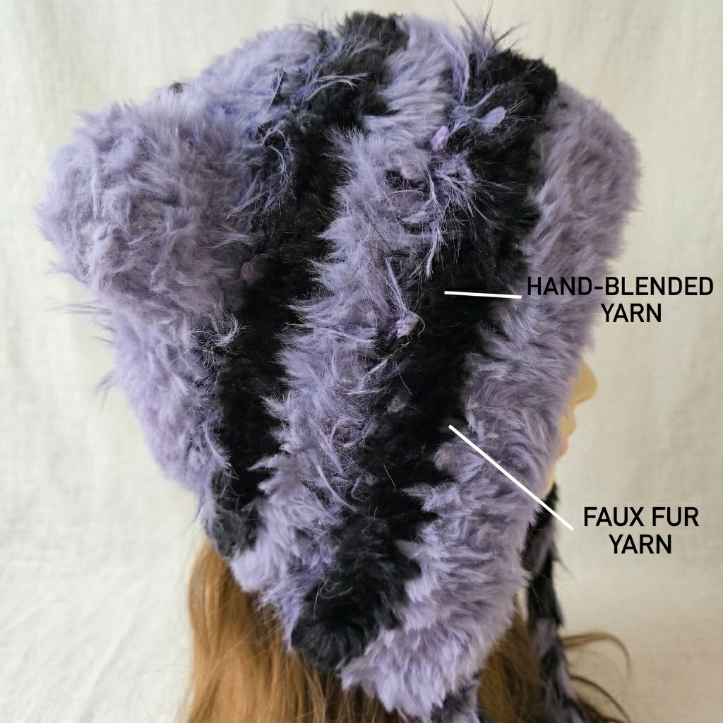 Handmade Purple Striped Cat Ear Hat - Chunky Knit Jellyfish Beanie with Long Braided Tassels - Kawaii Aesthetic Plush Winter Accessory