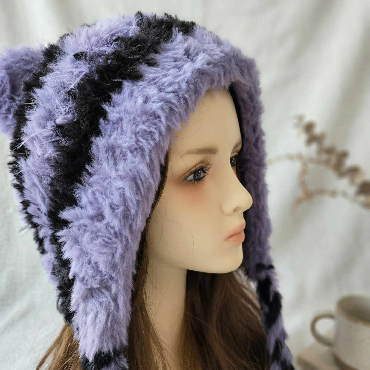 Handmade Purple Striped Cat Ear Hat - Chunky Knit Jellyfish Beanie with Long Braided Tassels - Kawaii Aesthetic Plush Winter Accessory