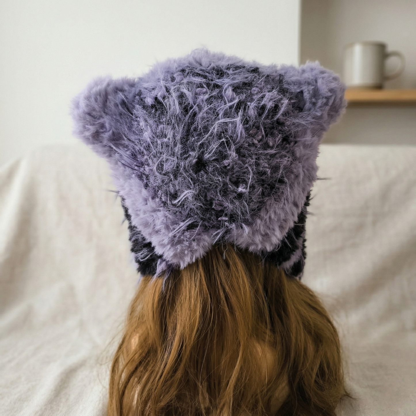 Handmade Purple Striped Cat Ear Hat - Chunky Knit Jellyfish Beanie with Long Braided Tassels - Kawaii Aesthetic Plush Winter Accessory