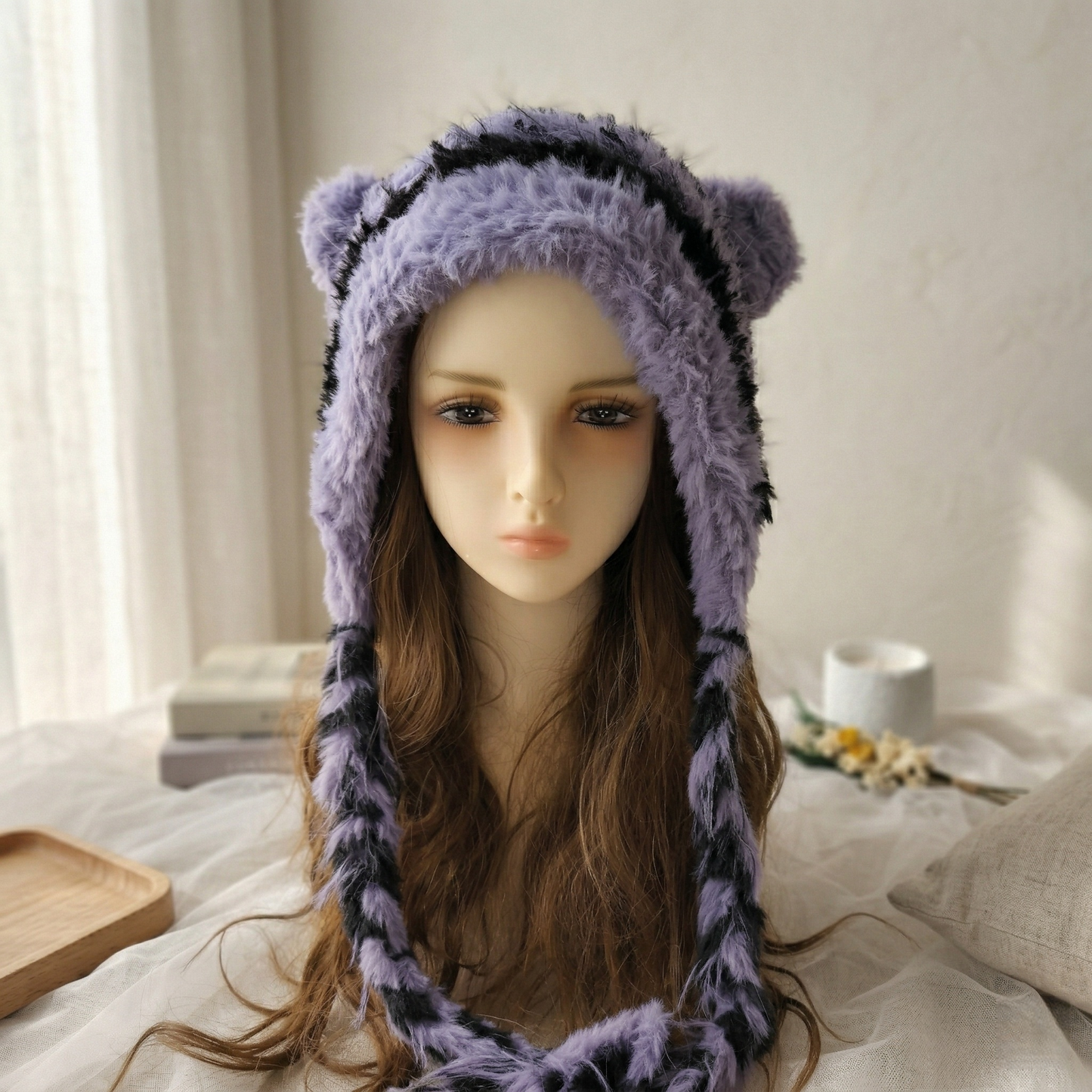 Handmade Purple Striped Cat Ear Hat - Chunky Knit Jellyfish Beanie with Long Braided Tassels - Kawaii Aesthetic Plush Winter Accessory