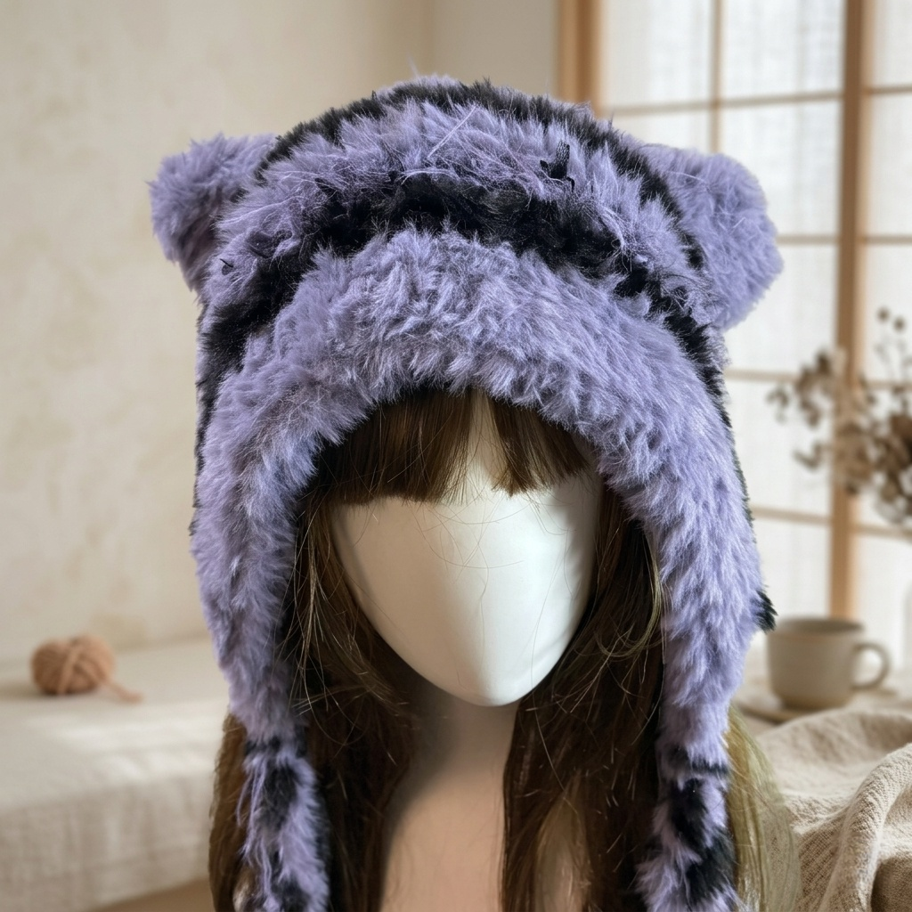 Handmade Purple Striped Cat Ear Hat - Chunky Knit Jellyfish Beanie with Long Braided Tassels - Kawaii Aesthetic Plush Winter Accessory