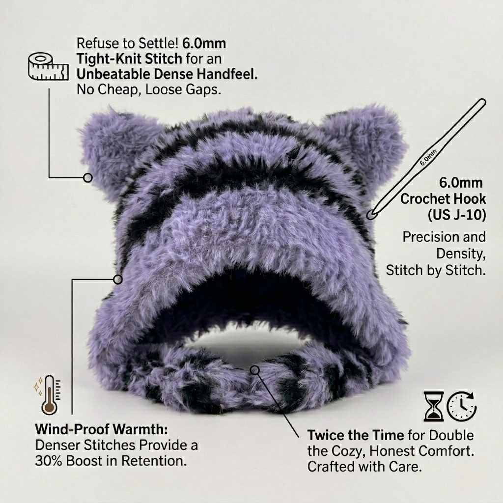 Handmade Purple Striped Cat Ear Hat - Chunky Knit Jellyfish Beanie with Long Braided Tassels - Kawaii Aesthetic Plush Winter Accessory