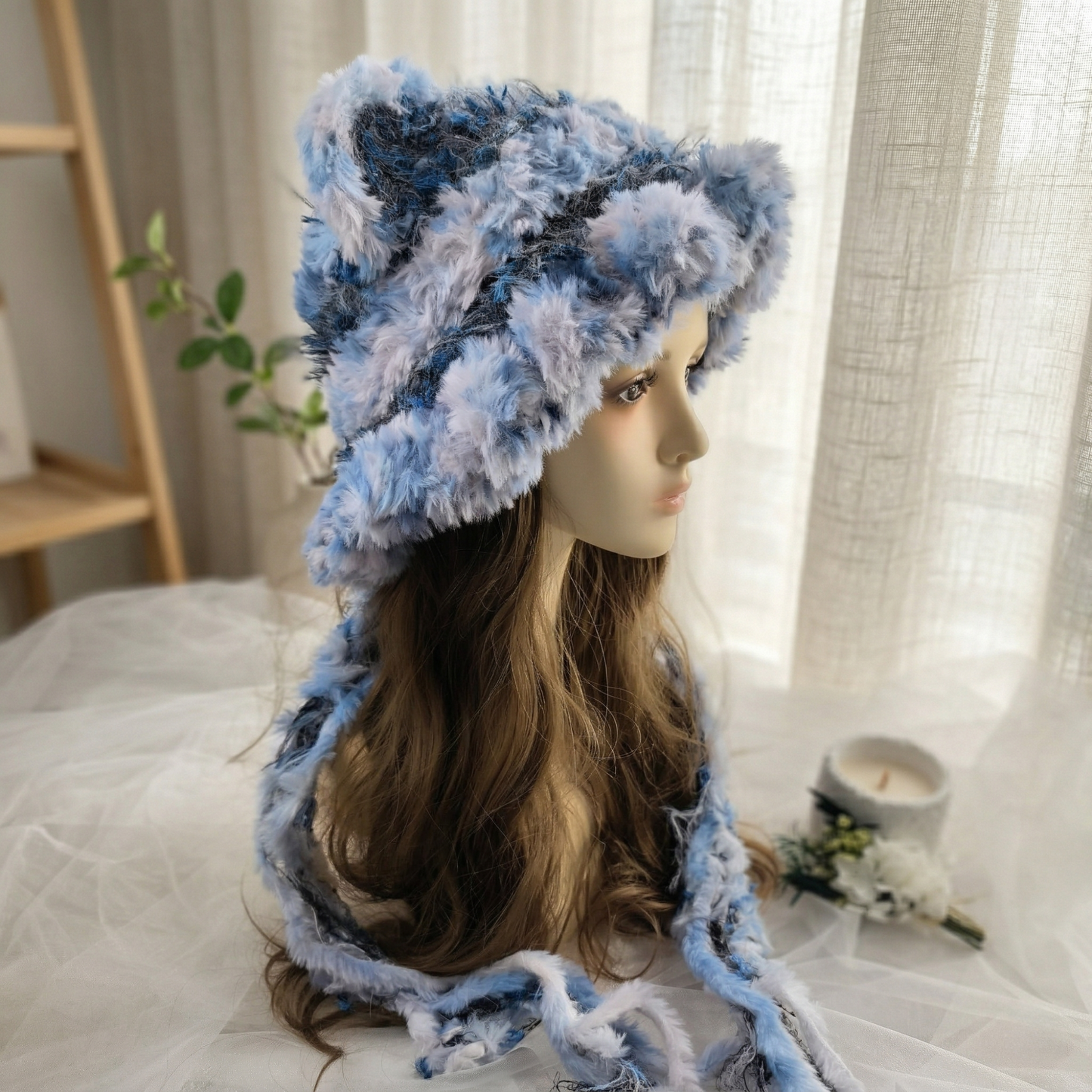 Handmade Blue Heart Bear Ear Knit Beanie - Fluffy Cloudy Blue Plush Animal Hat for Women