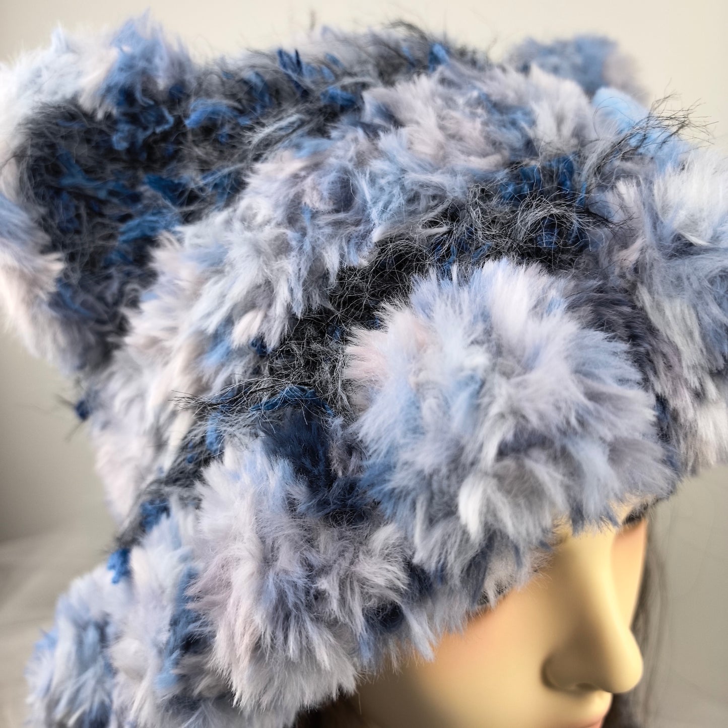 Handmade Blue Heart Bear Ear Knit Beanie - Fluffy Cloudy Blue Plush Animal Hat for Women