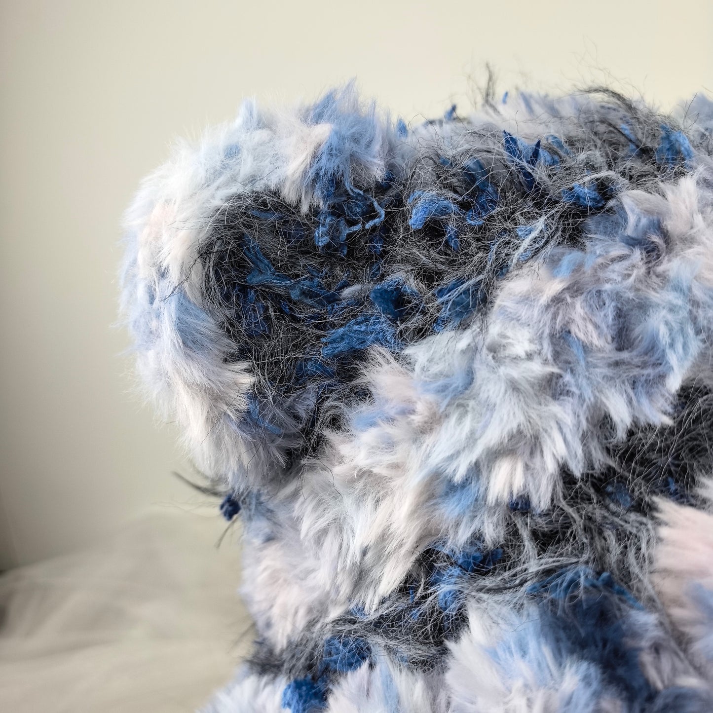 Handmade Blue Heart Bear Ear Knit Beanie - Fluffy Cloudy Blue Plush Animal Hat for Women