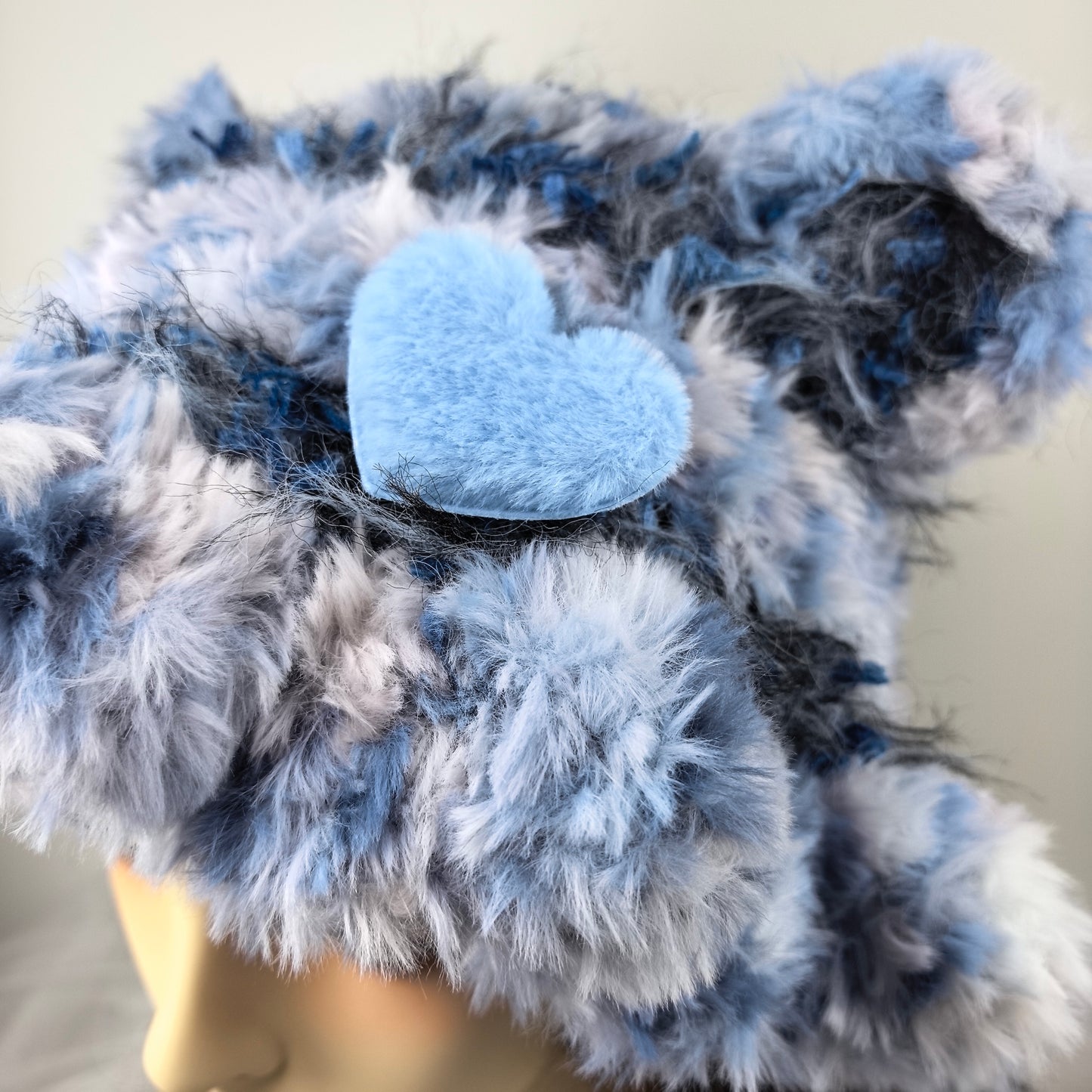 Handmade Blue Heart Bear Ear Knit Beanie - Fluffy Cloudy Blue Plush Animal Hat for Women
