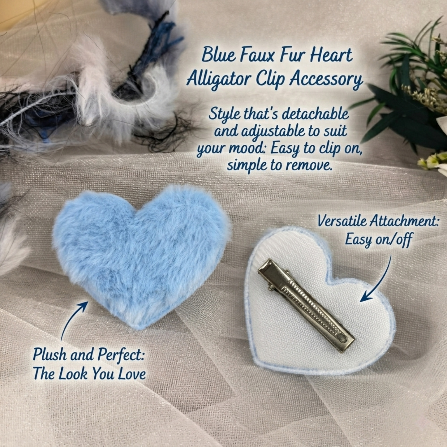 Handmade Blue Heart Bear Ear Knit Beanie - Fluffy Cloudy Blue Plush Animal Hat for Women