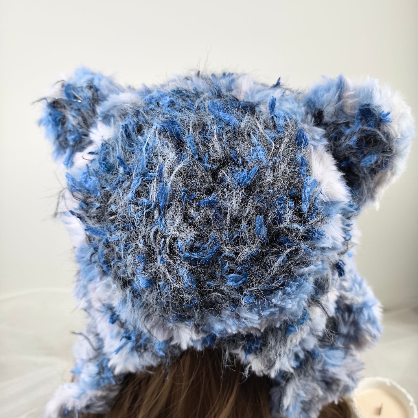 Handmade Blue Heart Bear Ear Knit Beanie - Fluffy Cloudy Blue Plush Animal Hat for Women