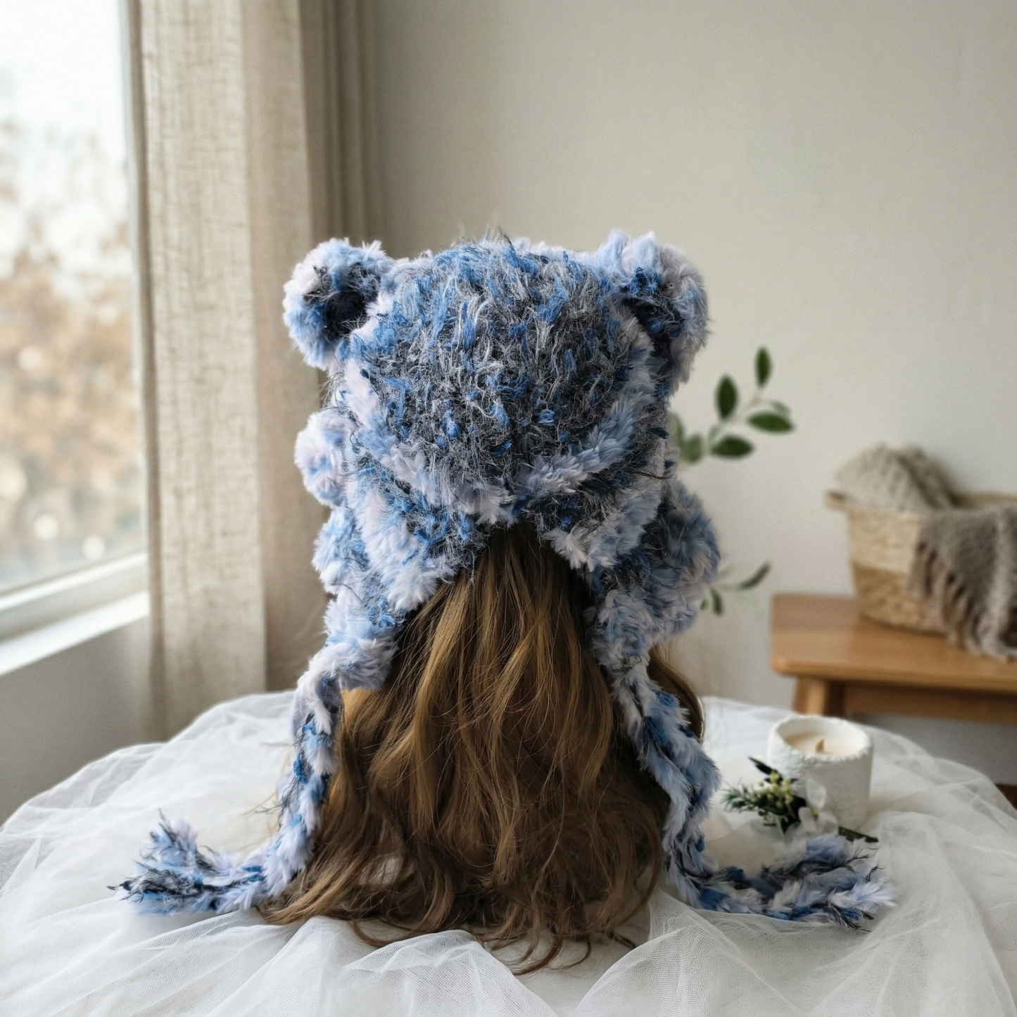 Handmade Blue Heart Bear Ear Knit Beanie - Fluffy Cloudy Blue Plush Animal Hat for Women