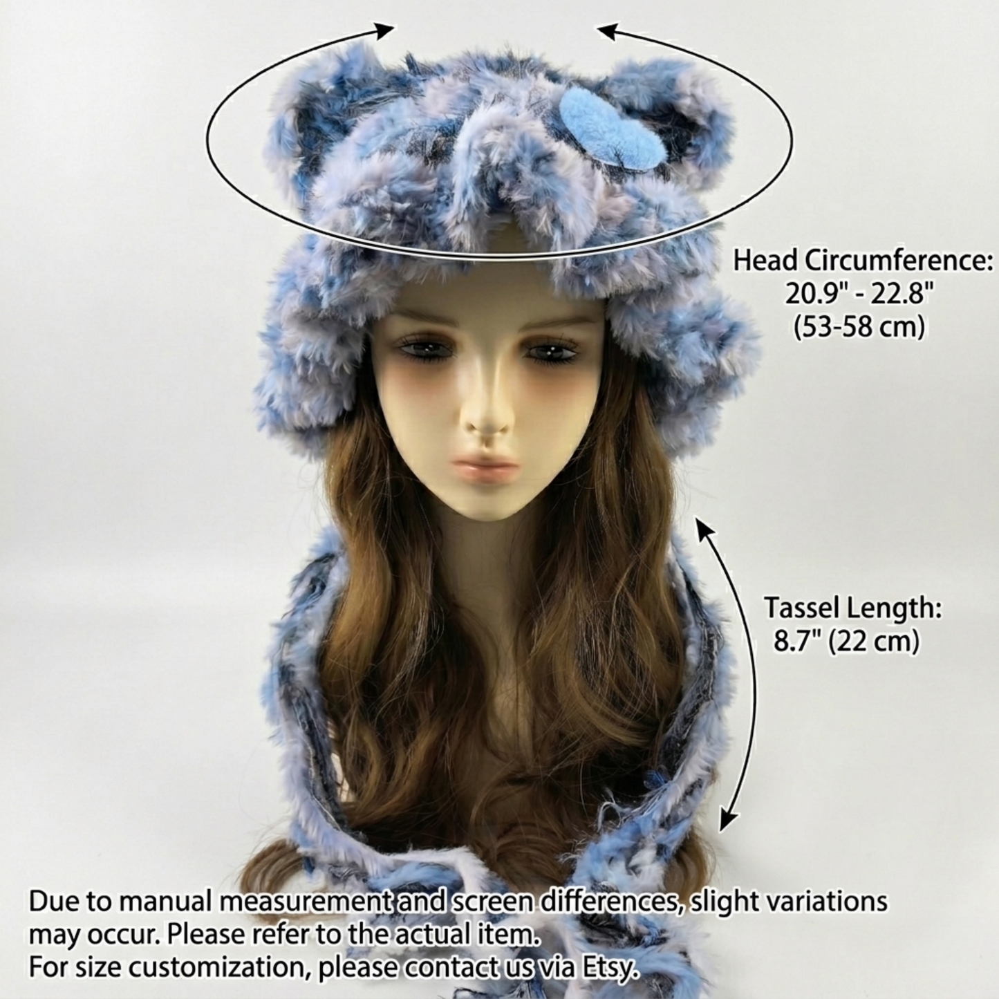 Handmade Blue Heart Bear Ear Knit Beanie - Fluffy Cloudy Blue Plush Animal Hat for Women