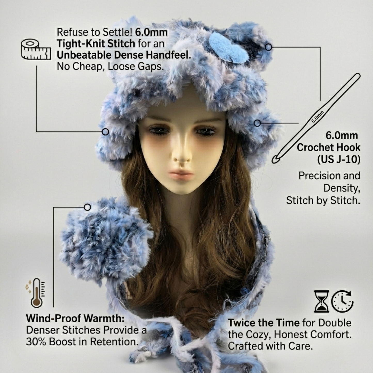 Handmade Blue Heart Bear Ear Knit Beanie - Fluffy Cloudy Blue Plush Animal Hat for Women