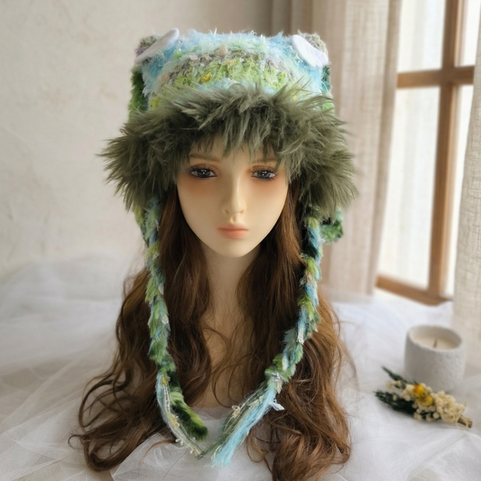 Handmade Forest Green Shaggy Knit Bunny Ear Hat - Fuzzy Rabbit Ear Beanie with Faux Fur Trim & Long Tassels