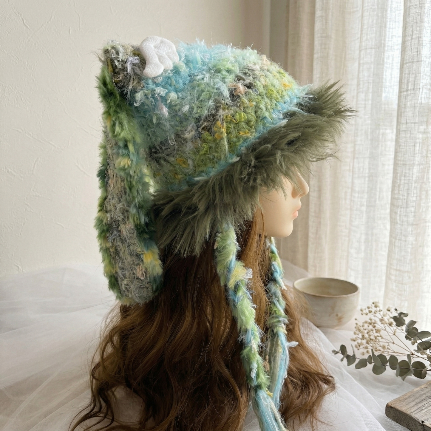 Handmade Forest Green Shaggy Knit Bunny Ear Hat - Fuzzy Rabbit Ear Beanie with Faux Fur Trim & Long Tassels