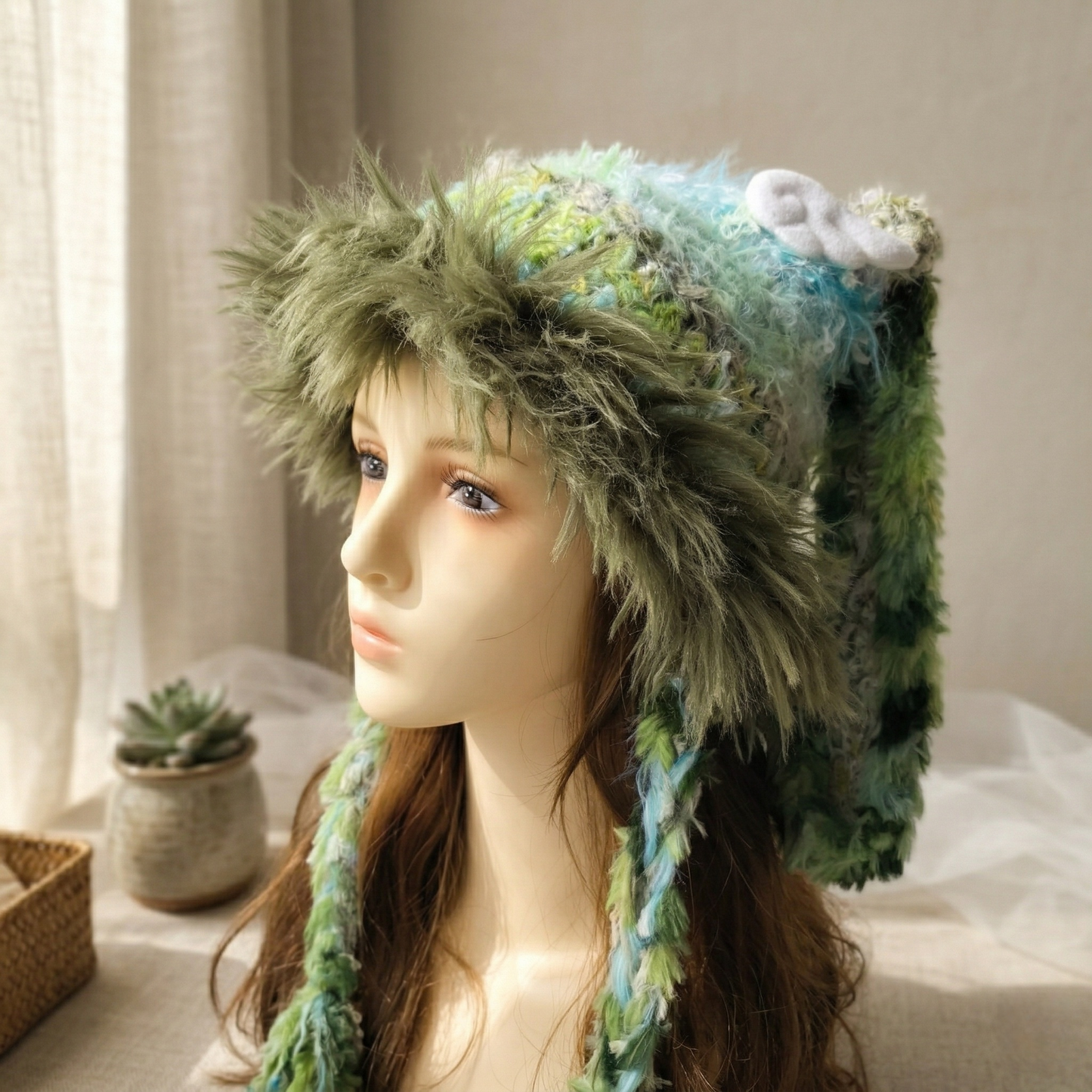 Handmade Forest Green Shaggy Knit Bunny Ear Hat - Fuzzy Rabbit Ear Beanie with Faux Fur Trim & Long Tassels