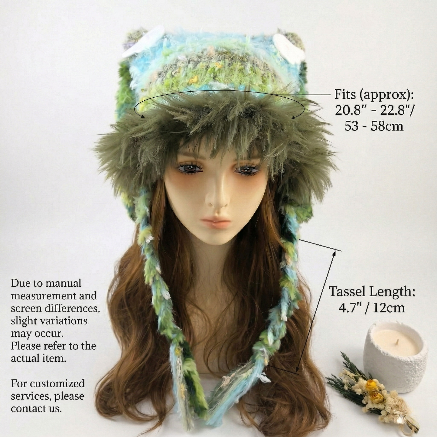 Handmade Forest Green Shaggy Knit Bunny Ear Hat - Fuzzy Rabbit Ear Beanie with Faux Fur Trim & Long Tassels