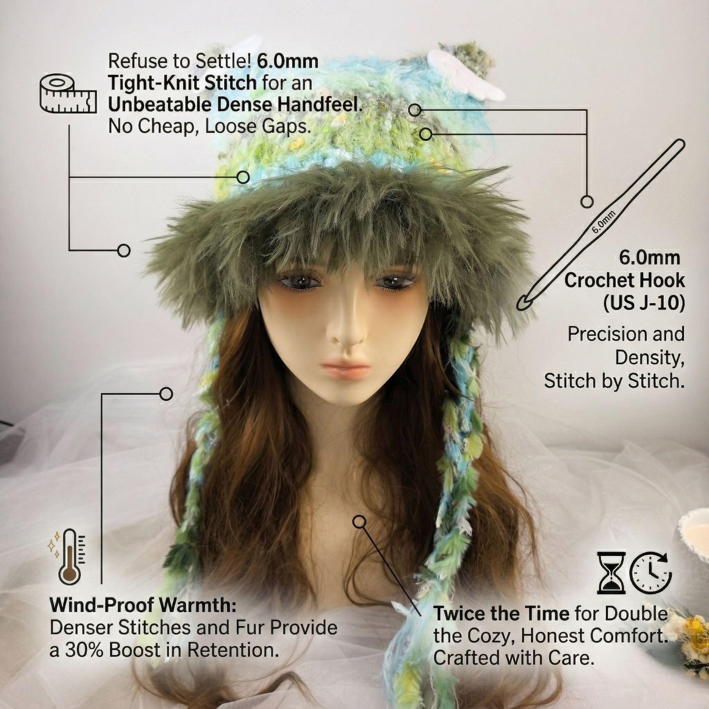 Handmade Forest Green Shaggy Knit Bunny Ear Hat - Fuzzy Rabbit Ear Beanie with Faux Fur Trim & Long Tassels
