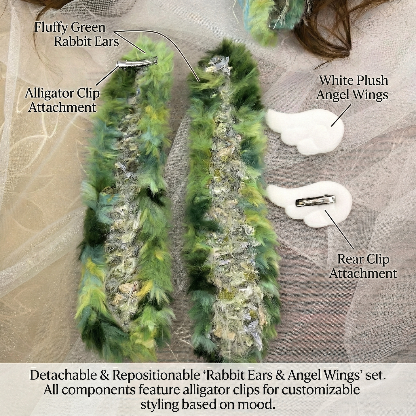 Handmade Forest Green Shaggy Knit Bunny Ear Hat - Fuzzy Rabbit Ear Beanie with Faux Fur Trim & Long Tassels