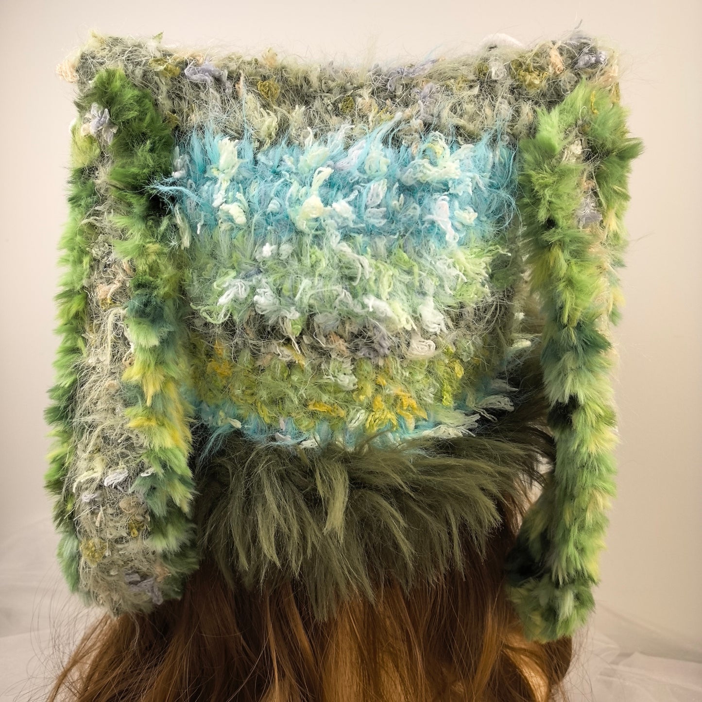 Handmade Forest Green Shaggy Knit Bunny Ear Hat - Fuzzy Rabbit Ear Beanie with Faux Fur Trim & Long Tassels
