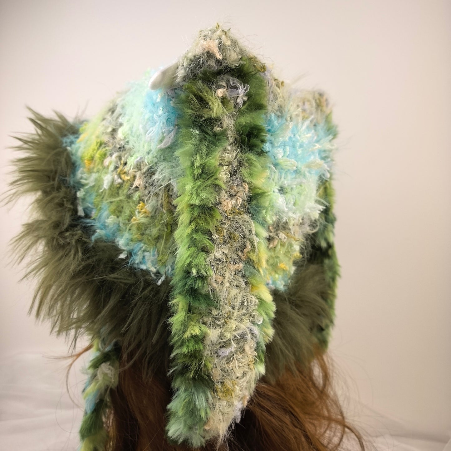 Handmade Forest Green Shaggy Knit Bunny Ear Hat - Fuzzy Rabbit Ear Beanie with Faux Fur Trim & Long Tassels