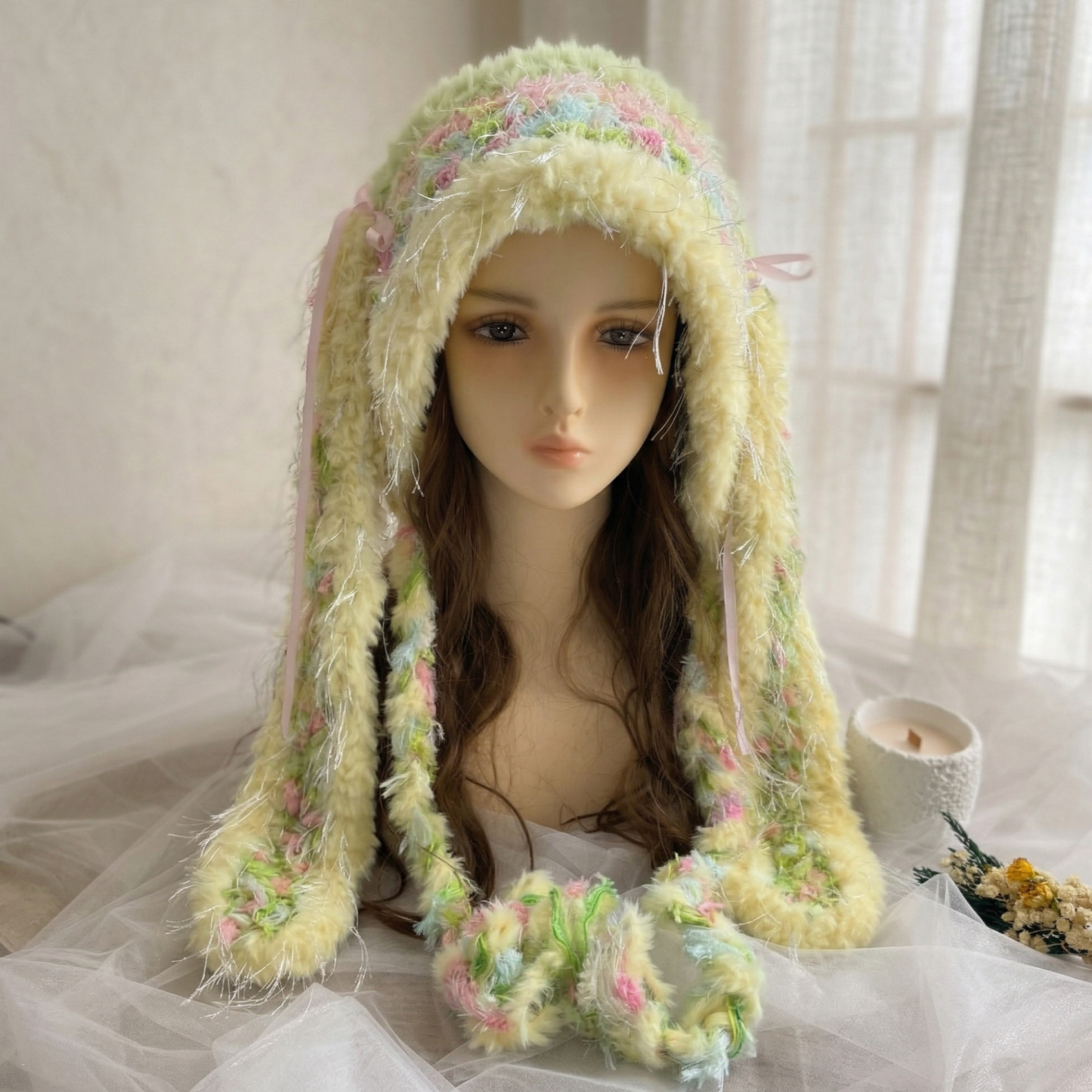 Handmade Pastel Yellow Plush Bunny Ear Hat - Soft Knit Rabbit Earflap Beanie with Pink Bows & Long Ear Straps