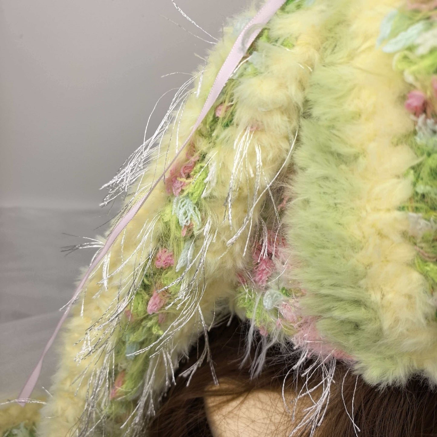 Handmade Pastel Yellow Plush Bunny Ear Hat - Soft Knit Rabbit Earflap Beanie with Pink Bows & Long Ear Straps