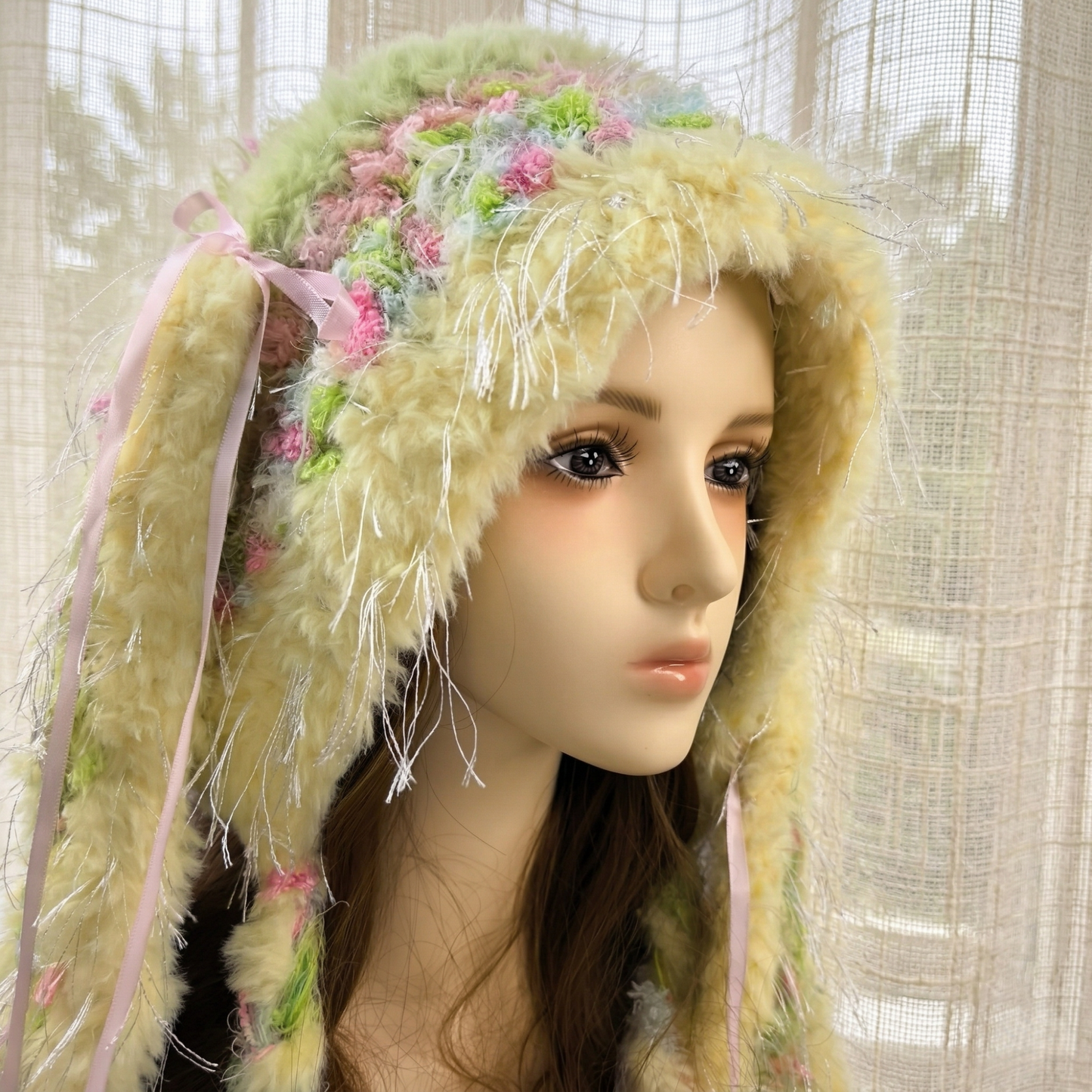 Handmade Pastel Yellow Plush Bunny Ear Hat - Soft Knit Rabbit Earflap Beanie with Pink Bows & Long Ear Straps