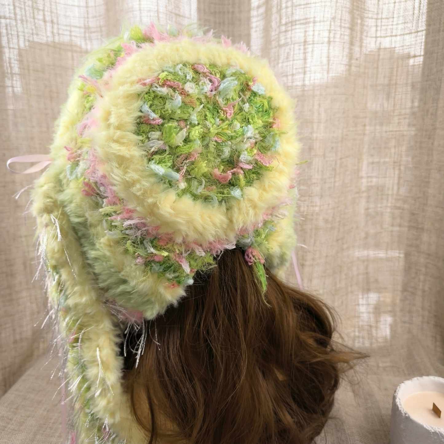 Handmade Pastel Yellow Plush Bunny Ear Hat - Soft Knit Rabbit Earflap Beanie with Pink Bows & Long Ear Straps