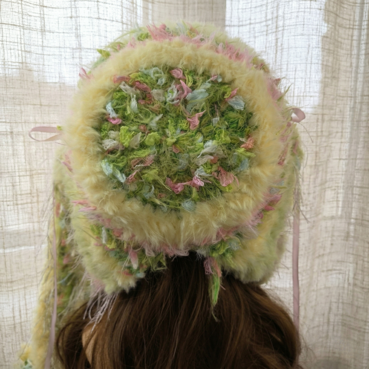 Handmade Pastel Yellow Plush Bunny Ear Hat - Soft Knit Rabbit Earflap Beanie with Pink Bows & Long Ear Straps