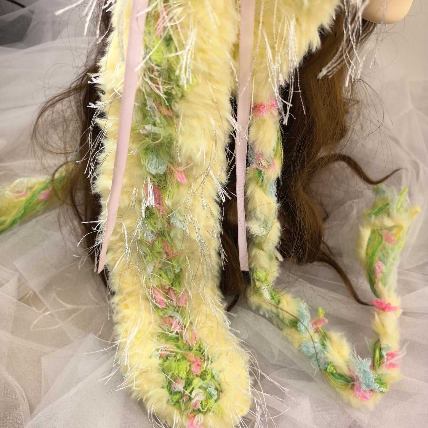 Handmade Pastel Yellow Plush Bunny Ear Hat - Soft Knit Rabbit Earflap Beanie with Pink Bows & Long Ear Straps