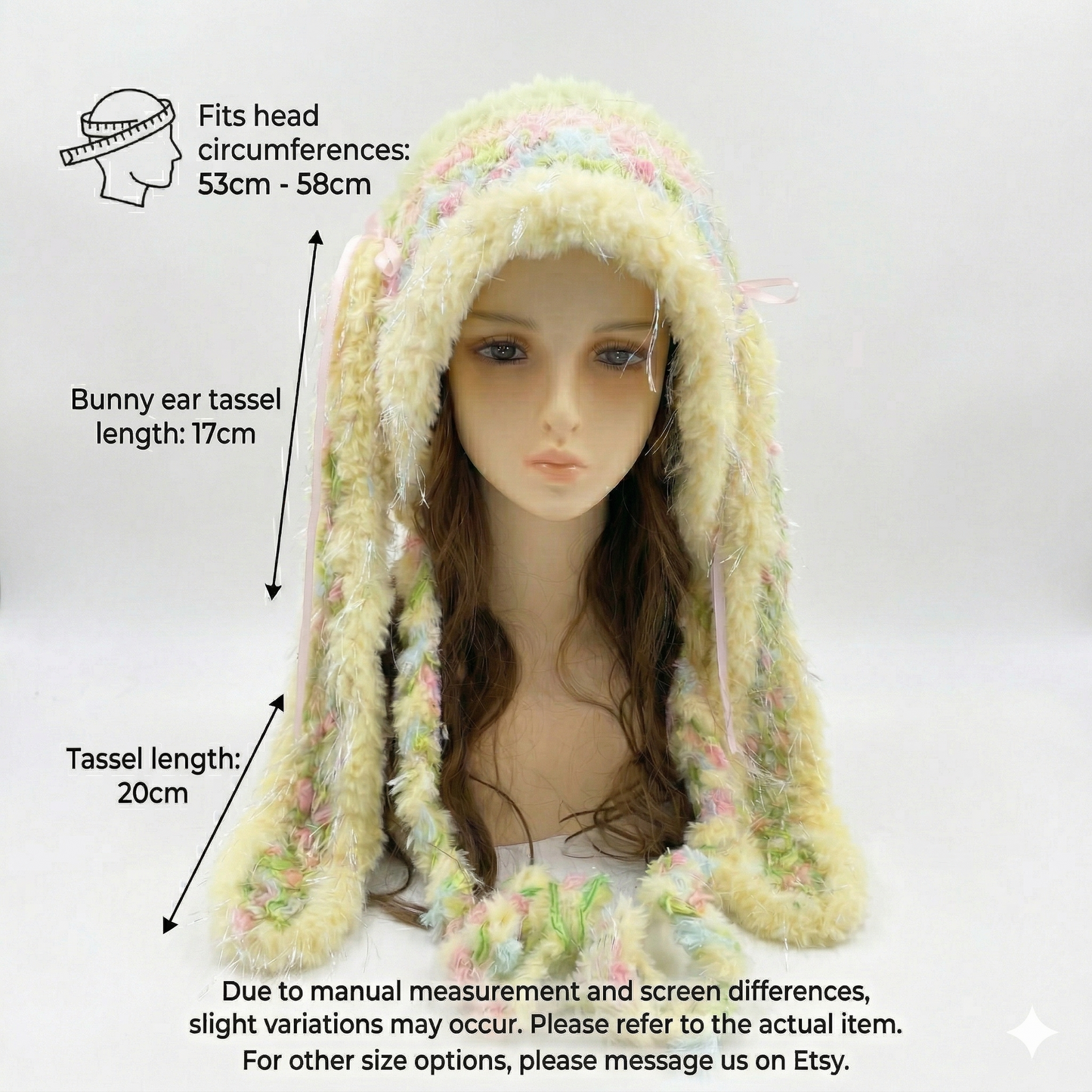 Handmade Pastel Yellow Plush Bunny Ear Hat - Soft Knit Rabbit Earflap Beanie with Pink Bows & Long Ear Straps