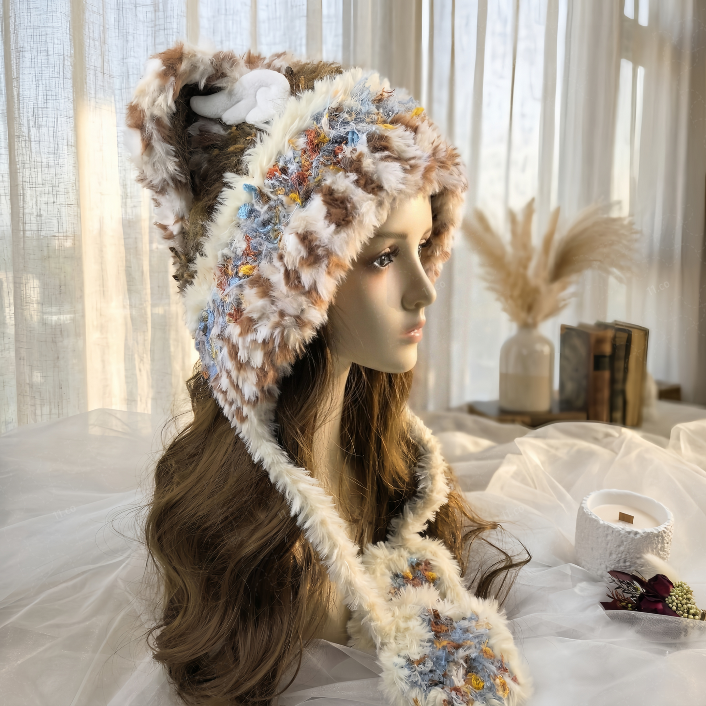 Handmade Spotted Brown Bear Ear Knit Beanie - Fluffy Cream Plush Animal Trapper Hat for Women