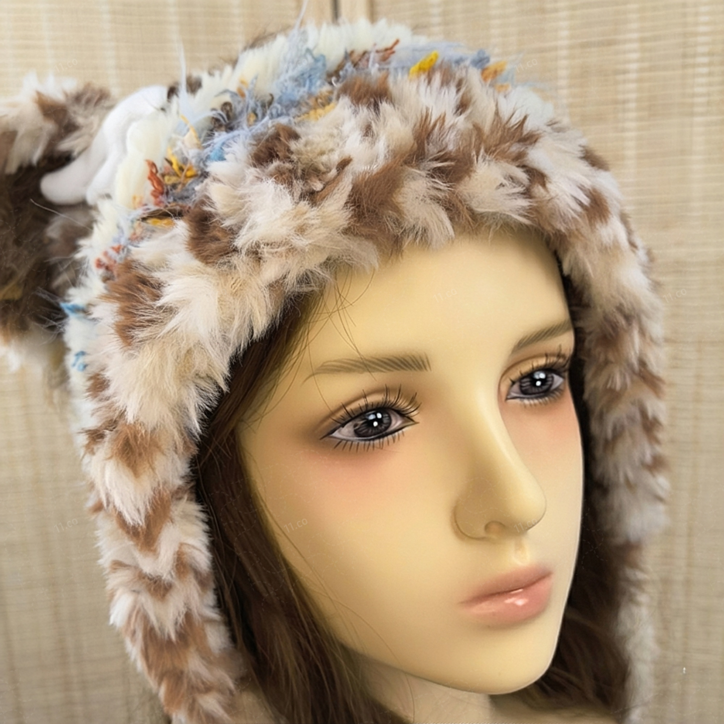 Handmade Spotted Brown Bear Ear Knit Beanie - Fluffy Cream Plush Animal Trapper Hat for Women