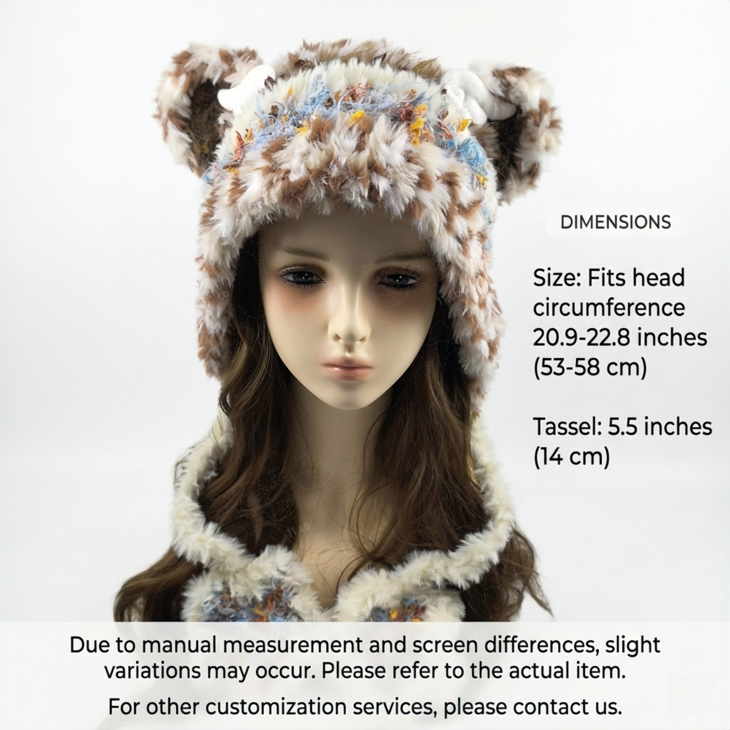 Handmade Spotted Brown Bear Ear Knit Beanie - Fluffy Cream Plush Animal Trapper Hat for Women
