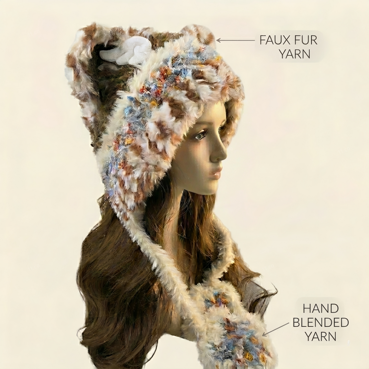 Handmade Spotted Brown Bear Ear Knit Beanie - Fluffy Cream Plush Animal Trapper Hat for Women