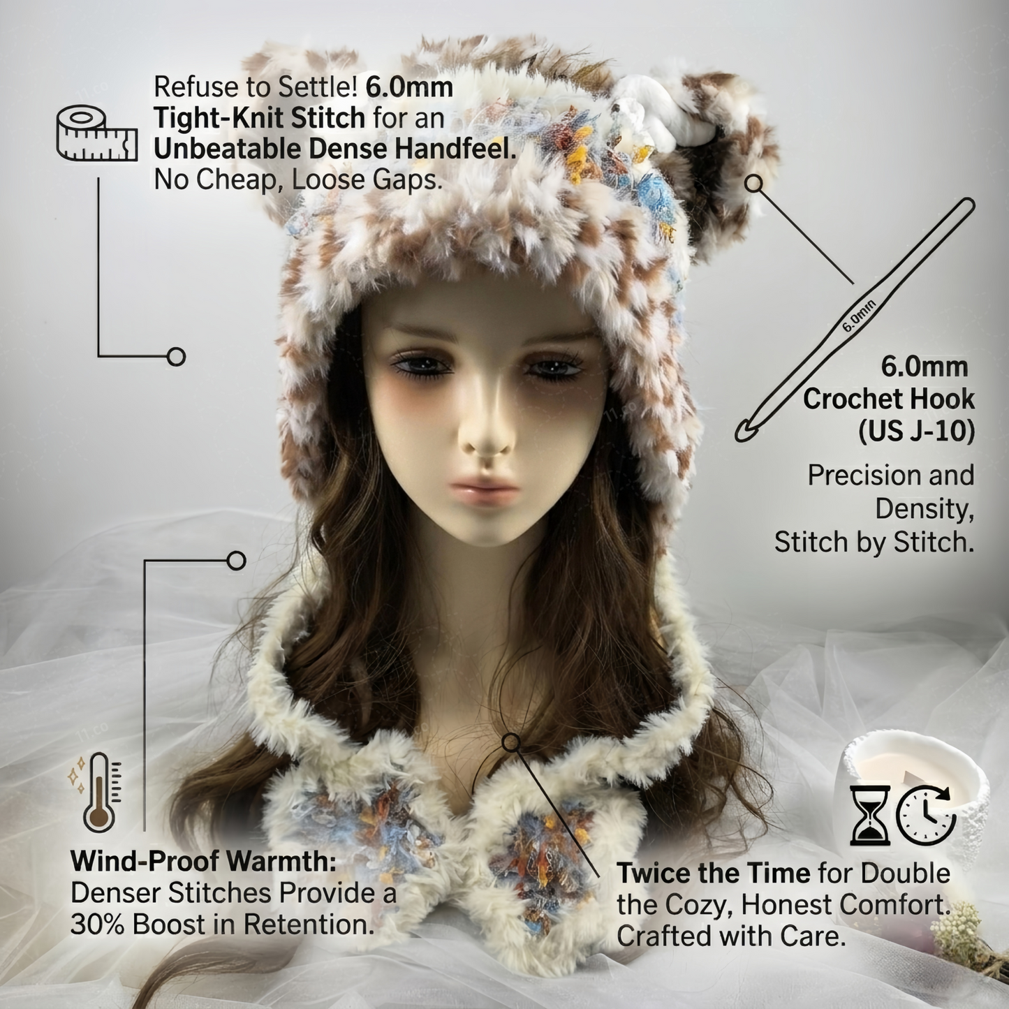 Handmade Spotted Brown Bear Ear Knit Beanie - Fluffy Cream Plush Animal Trapper Hat for Women