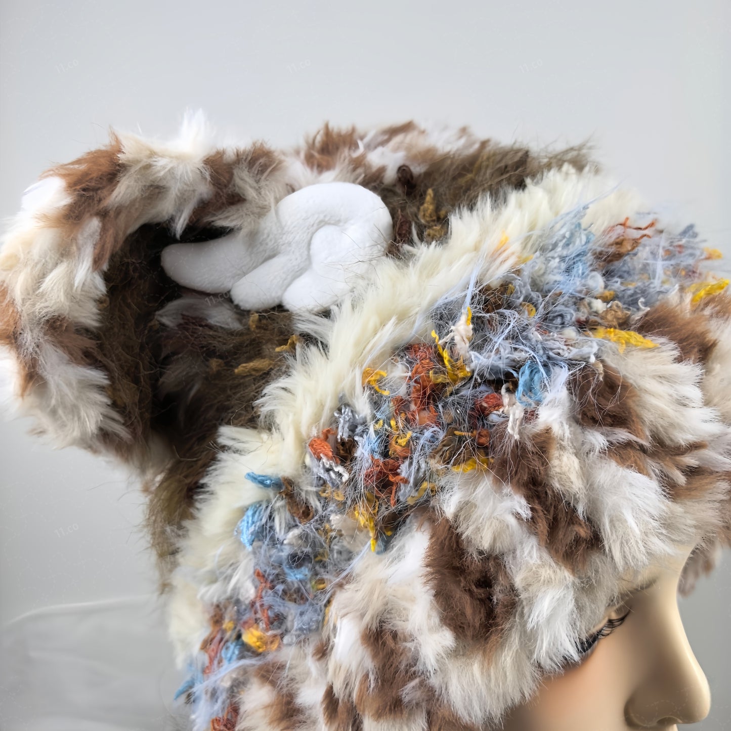 Handmade Spotted Brown Bear Ear Knit Beanie - Fluffy Cream Plush Animal Trapper Hat for Women