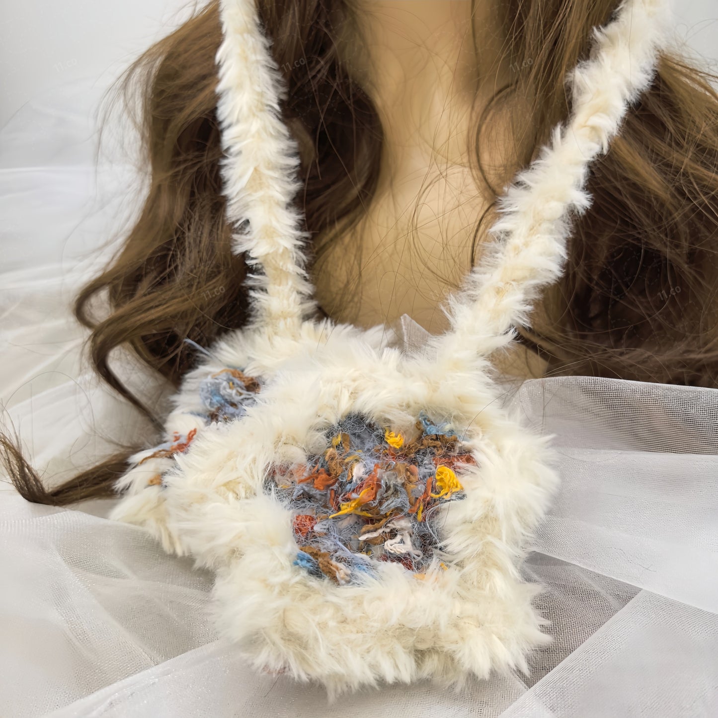 Handmade Spotted Brown Bear Ear Knit Beanie - Fluffy Cream Plush Animal Trapper Hat for Women