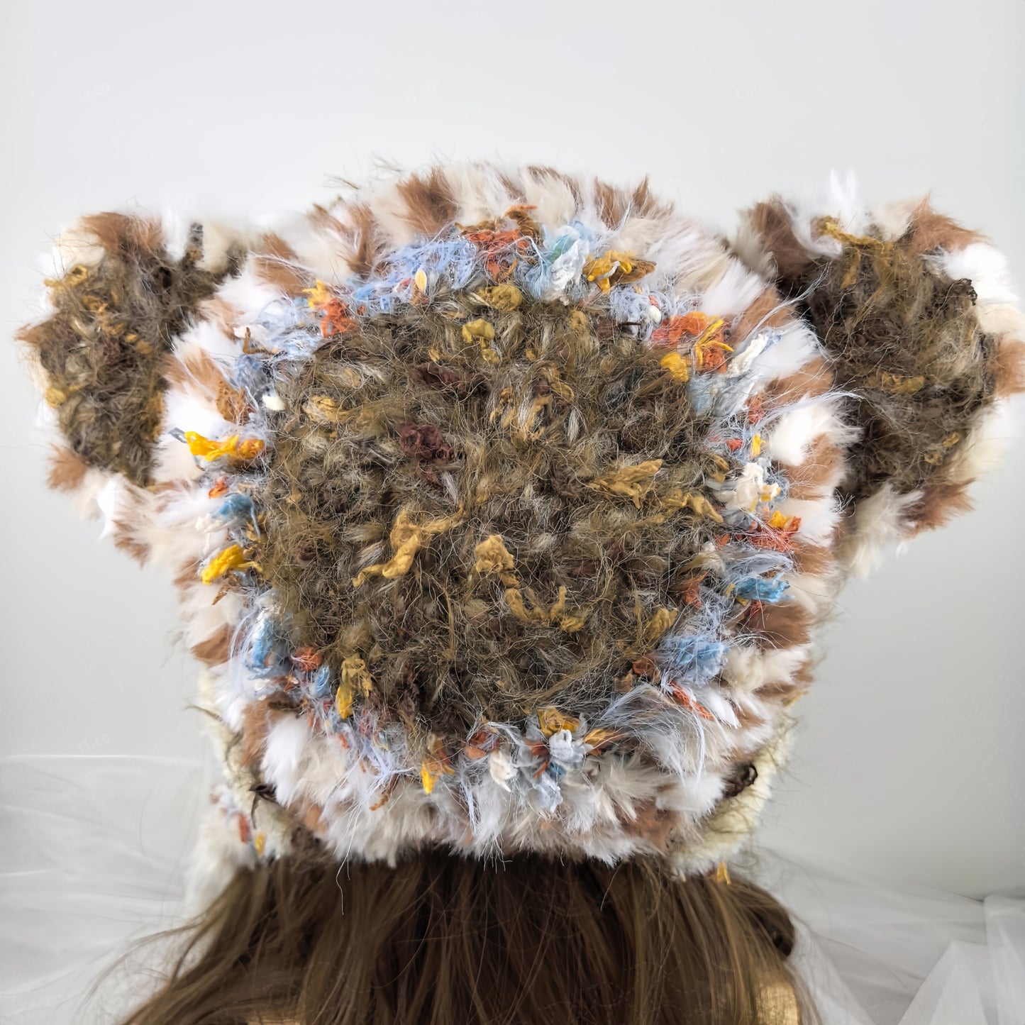 Handmade Spotted Brown Bear Ear Knit Beanie - Fluffy Cream Plush Animal Trapper Hat for Women